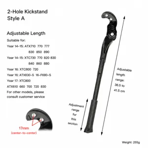 Adjustable aluminum alloy bicycle kickstand, 36.5-41.5cm length, 2-hole mount for mountain bikes.