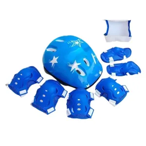 Kids roller skating protective gear set, including blue helmet, knee and elbow pads for safety.