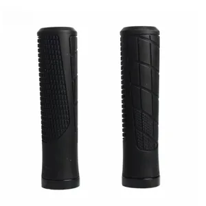 Detailed view of black rubber mountain bike handlebar grips with anti-slip surface.