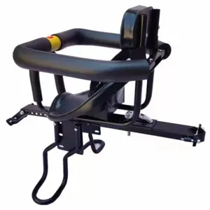 Front mounted child bicycle seat detail, black metal safety frame with backrest and footrest.