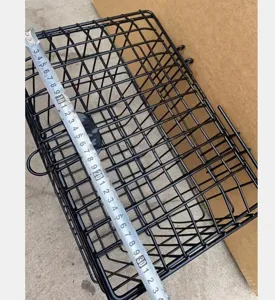 Black metal bicycle front basket with lid and hooks, durable wire mesh storage for bikes and e-bikes.