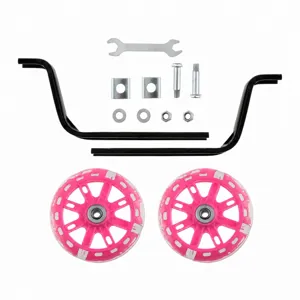 Children bicycle training wheels set with flashing pink wheels and mounting hardware brackets.