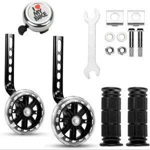 Kids bicycle training wheels set with flash lights, bell, grips and installation hardware.