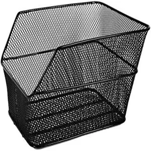 Black metal wire mesh bicycle rear basket, durable cycling storage cargo rack accessory.