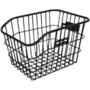 Cestino posteriore per bici in filo metallico nero, vista dettagliata, design a rete resistente.