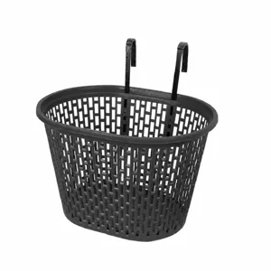Detail shot of black plastic bike basket mesh design with thick hook and durable rim.