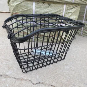 Cestino per bici in filo di metallo nero con coperchio, robusto cestino portaoggetti.