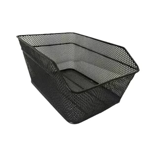 Black metal mesh bicycle rear basket, sturdy cargo storage container for mountain bikes.