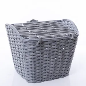 Grey plastic woven bicycle basket with lid front mount basket for electric bikes and mountain bikes