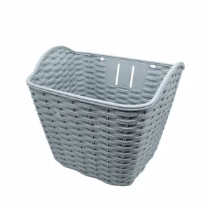 Grey bicycle front basket with lid, durable plastic woven storage basket for electric bikes.