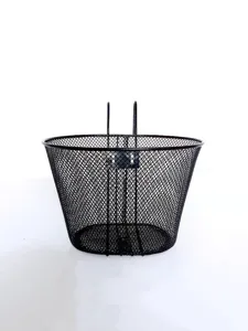 Black metal wire bicycle front basket with hooks for e-bikes and folding bikes durable storage.