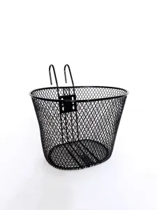 Close-up detail of the black metal mesh bicycle basket front mount hook sturdy wire design.