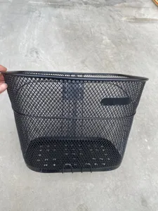 Black metal wire bicycle basket detail, front mount design for daily storage and riding.