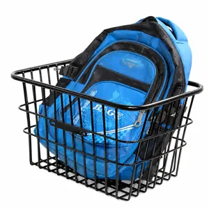 Detail view of bicycle rear wire basket with backpack, durable metal storage organizer.