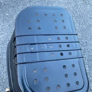 Close-up view of the black metal bicycle basket bottom showing reinforced mesh and ventilation holes.