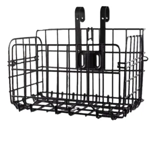 Black metal wire bicycle basket with front hanging hooks for mountain and city bikes.
