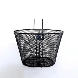 Black metal mesh bike front basket with double hooks for electric bicycle and bicycle.