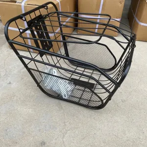 Cesta de alambre metálico negro duradero para bicicleta eléctrica con tapa y kit de montaje.
