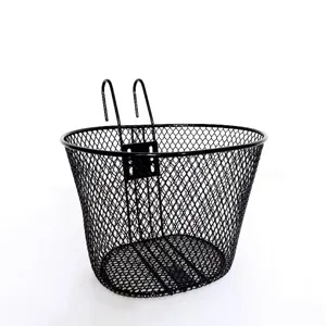 Black metal wire bicycle front basket with hooks for e-bike scooter cycling storage main view