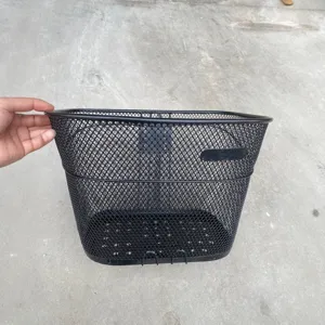 Durable black metal wire bicycle front basket, mesh design for daily commuting and shopping. Ideal.