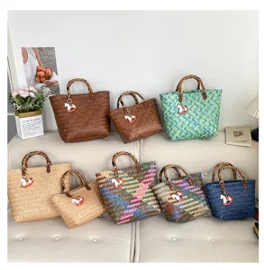 Gewebte Bambusgriff Stroh Tasche Vintage große Kapazität Korb Handtasche Strandtasche