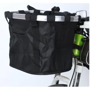 Aluminum alloy canvas bicycle front basket, durable folding mountain bike storage bag detail.