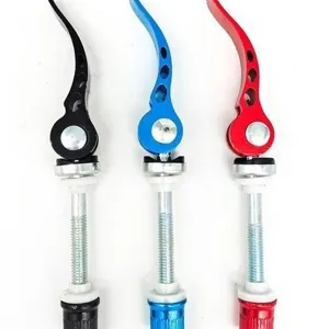Aluminium alloy bicycle seatpost quick release clamp, black blue red color variants detail.