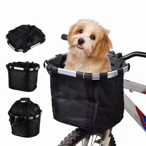 Foldable black canvas bicycle basket front pet carrier with a sturdy aluminum frame.