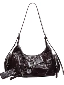 Elegante borsa a tracolla in pelle verniciata stropicciata da donna, borsa casual.
