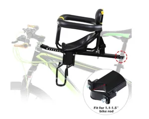 Front mounted child bike seat with secure metal frame and safety belt for mountain bikes detail.