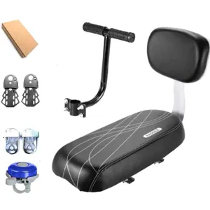 Fahrrad Kindersitz fuer Gepaecktraeger weiches Kissen mit Rueckenlehne Armlehne und Pedalen.