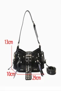 Motorcycle punk rivet belt shoulder bag, retro black leather crossbody bag for women trendy
