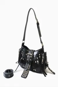 Black punk motorcycle rivet shoulder bag detail view with metal hardware and zippers.