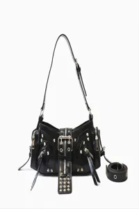 Black punk motorcycle shoulder bag with metal studs and zippers, retro leather underarm handbag.