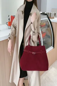 Retro suede tote bag for women, large capacity autumn winter handbag with stylish belt detail.