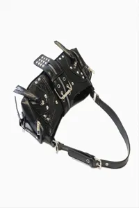 Black punk motorcycle style shoulder bag with metal studs and zippers for women retro chic design
