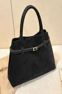 Black suede tote bag for women, vintage shoulder handbag with chic belt buckle, roomy daily.