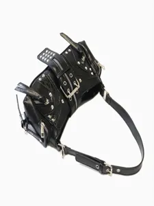 Black leather motorcycle shoulder bag with edgy metal studs, zippers and buckle straps.