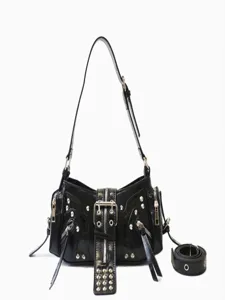 Women Vintage Motorcycle Shoulder Bag PU Leather Punk Rivet Crossbody Bag Chic Underarm Purse Retro Handbag