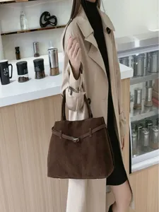 Women Vintage Suede Tote Bag Large Capacity Commuting Shoulder Bag Casual Solid Color Soft Handbag Female Purse