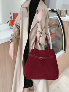 Vintage suede tote bag for women, large capacity stylish shoulder handbag for daily commute.