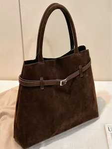 Vintage brown suede tote bag, large capacity stylish commute shoulder handbag for women.