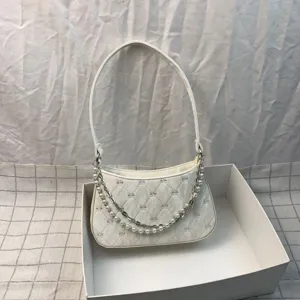 White quilted shoulder bag with pearl and metal double chains chic underarm bag for women.