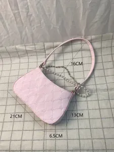 Pink quilted shoulder bag with metal and pearl chains, Korean style cute chic underarm bag.
