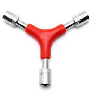 Y-shaped socket wrench repair tool with three metal heads and red handle detail view.