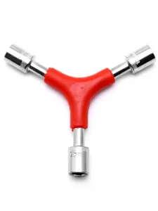 Y-shaped 3-way socket wrench with red rubber grip and durable metal sockets for repair tasks.