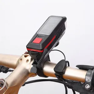 Éclairage avant de vélo solaire avec klaxon, panneau solaire et bouton de commande.