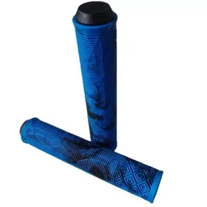 Blue rubber bicycle handlebar grips detail shot, anti-slip mountain bike handle cover