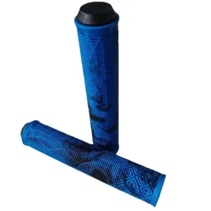 Blue mountain bike handlebar grips with anti-slip texture and black end plugs pair.