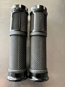 Black bicycle handlebar grips with aluminum alloy and rubber non-slip texture detail.